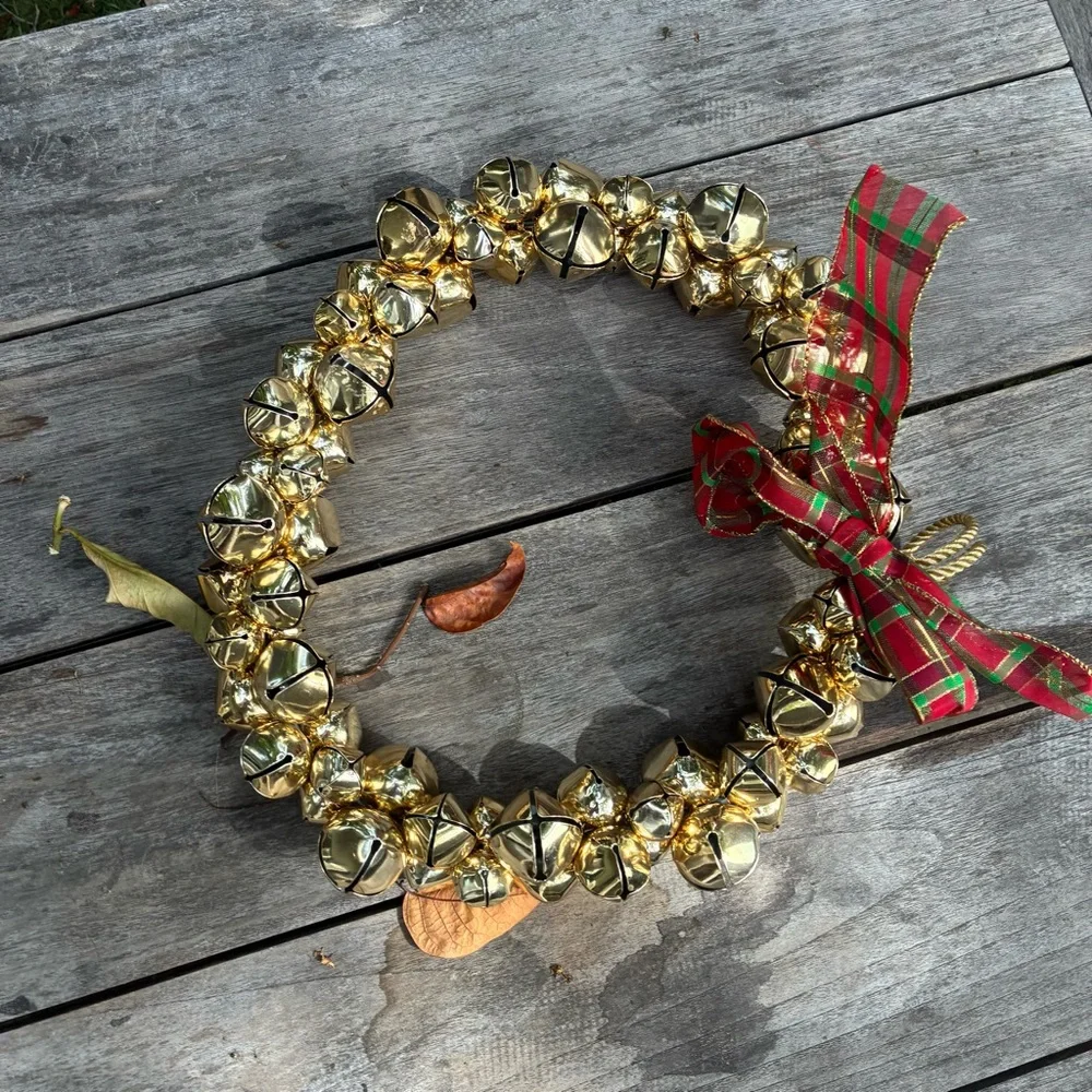Festive Gold Bell Wreath with Red Plaid Ribbon